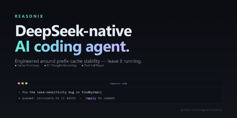 GitHub - esengine/DeepSeek-Reasonix: DeepSeek-native AI coding agent for your terminal. Engineered around prefix-cache stability…