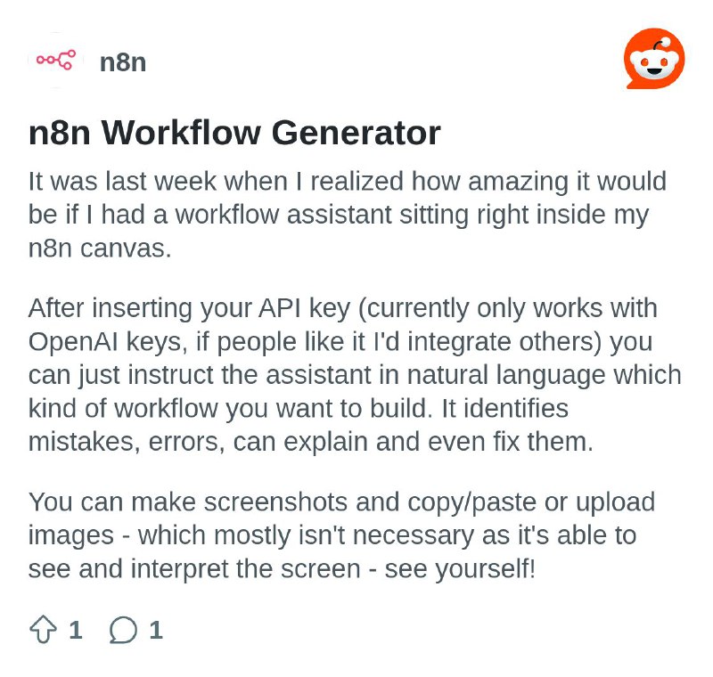 From the n8n community on Reddit: n8n Workflow Generator