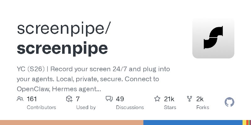 GitHub - screenpipe/screenpipe: YC (S26) | Record your screen 24/7 and plug into your agents. Local, private, secure. Connect to…