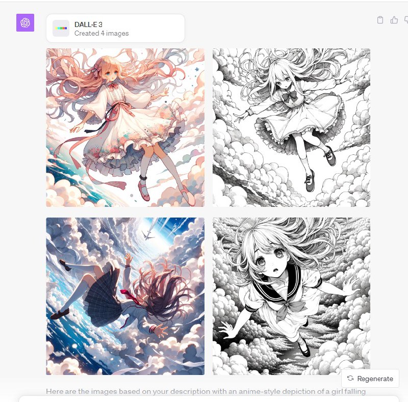 #dalle3 效果很好，可以说薄纱原始prompt可以猜一下有多短：请画一幅这样的画：女孩在云间坠落，请使用动漫风格绘画