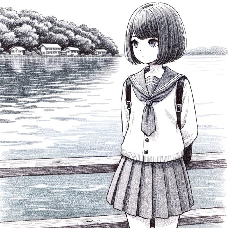 #Dalle3 初次尝试原始Prompt: 根据以下关键词画一幅画 girl, jk uniform, short skirt, upper body, grey blue eye, dark grey hair, bob cut,在湖畔边GPT撰写Prompt: Drawing of a lakeside ambiance, capturing a girl with distinctive grey-blue eyes and dark grey bob cut hair. She's dressed in a jk uniform featuring a short skirt, looking contemplatively at the lake.