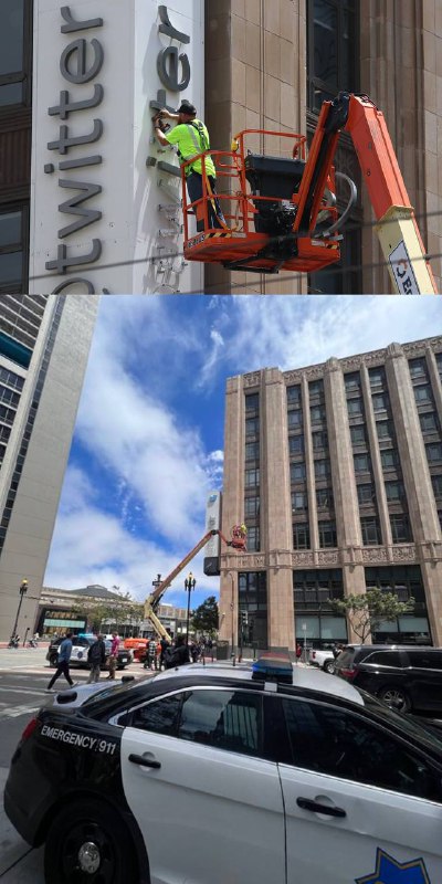 Twitter 旧金山总部拆除品牌标志更换为 X 时遭警方阻止，原因是未经许可的封锁街道🗒 标签: #Twitter #X📢 频道: @GodlyNews1🤖 投稿: @GodlyNewsBot